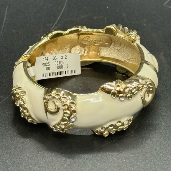 Sequin White and Gold Enamel Hinged Bangle Bracelet - Picture 1 of 16